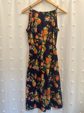 Floral Navy Midi Dress with Orange Rose Print
